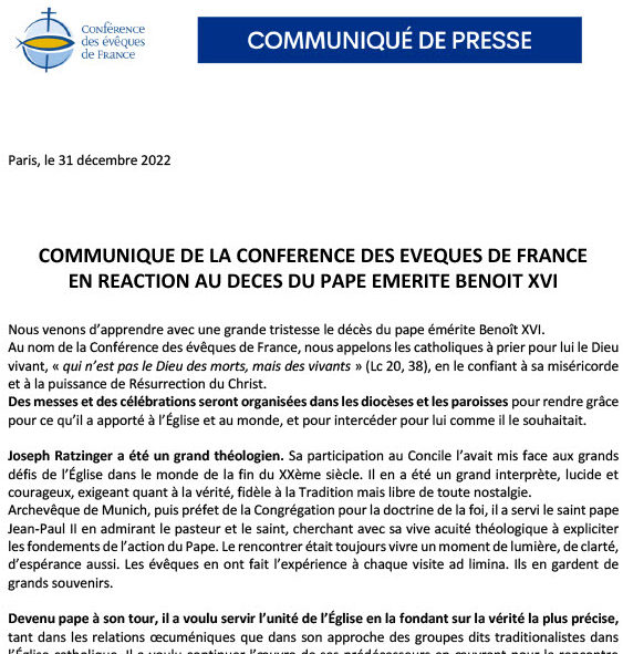 Communiqué de la Conférence des évêques de France   en réaction au décès du pape émérite Benoît XVI.